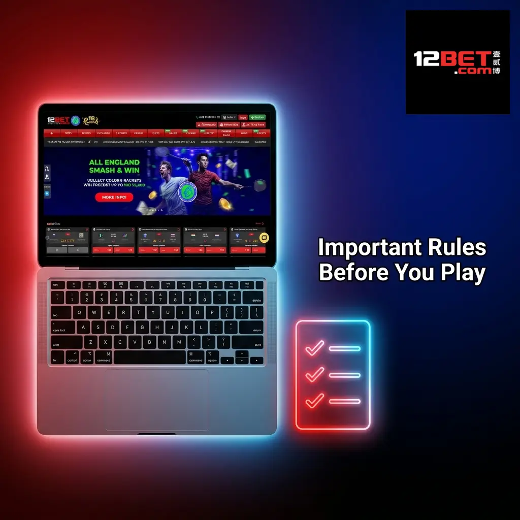 12Bet important rules showing age requirement, one account policy, bonus terms, KYC obligations, and restricted activities for Indian players