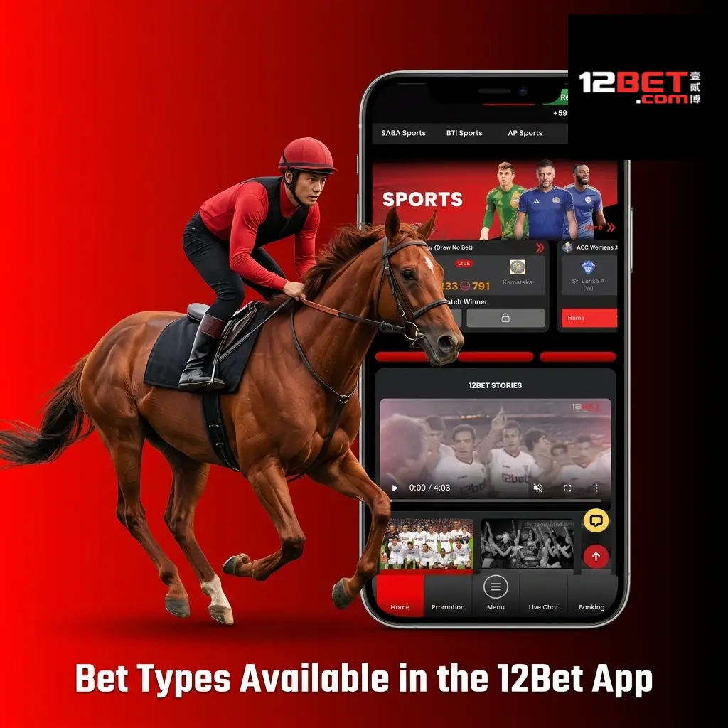 12Bet app bet types including single, accumulator, treble, system, and live in-play bets across multiple sports
