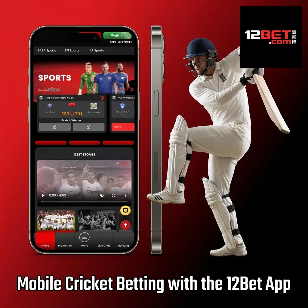 Mobile cricket betting on 12Bet app for Android and iOS with live betting, deposits, and account management for Indian bettors