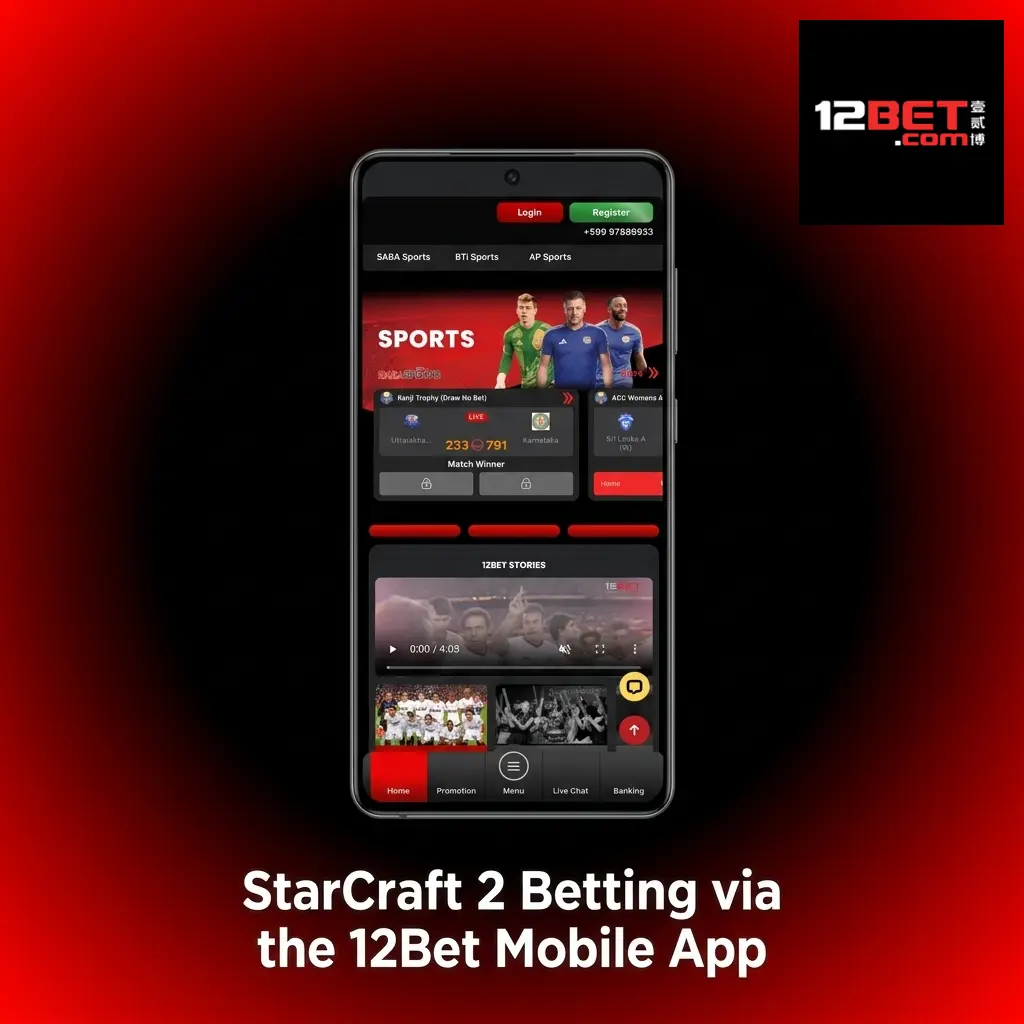 StarCraft 2 betting on 12Bet Android app showing live odds, UPI deposit, and esports bet placement in India